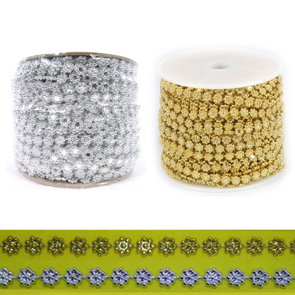 [만들기재료] 꽃줄 체인리본 국화라인 6mm [금색,은색]