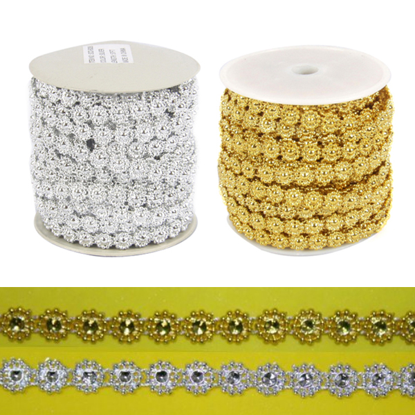 [만들기재료] 꽃줄 체인리본 국화라인 9mm [금색,은색]