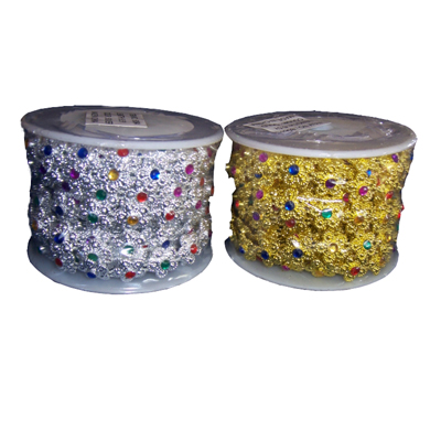 [만들기재료] 보석꽃줄 체인리본 국화라인13mm [금색,은색]